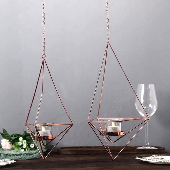Efavormart Set of 2 Rose Gold Metal Geometric Hanging Floral Holder Set - 12"/15"