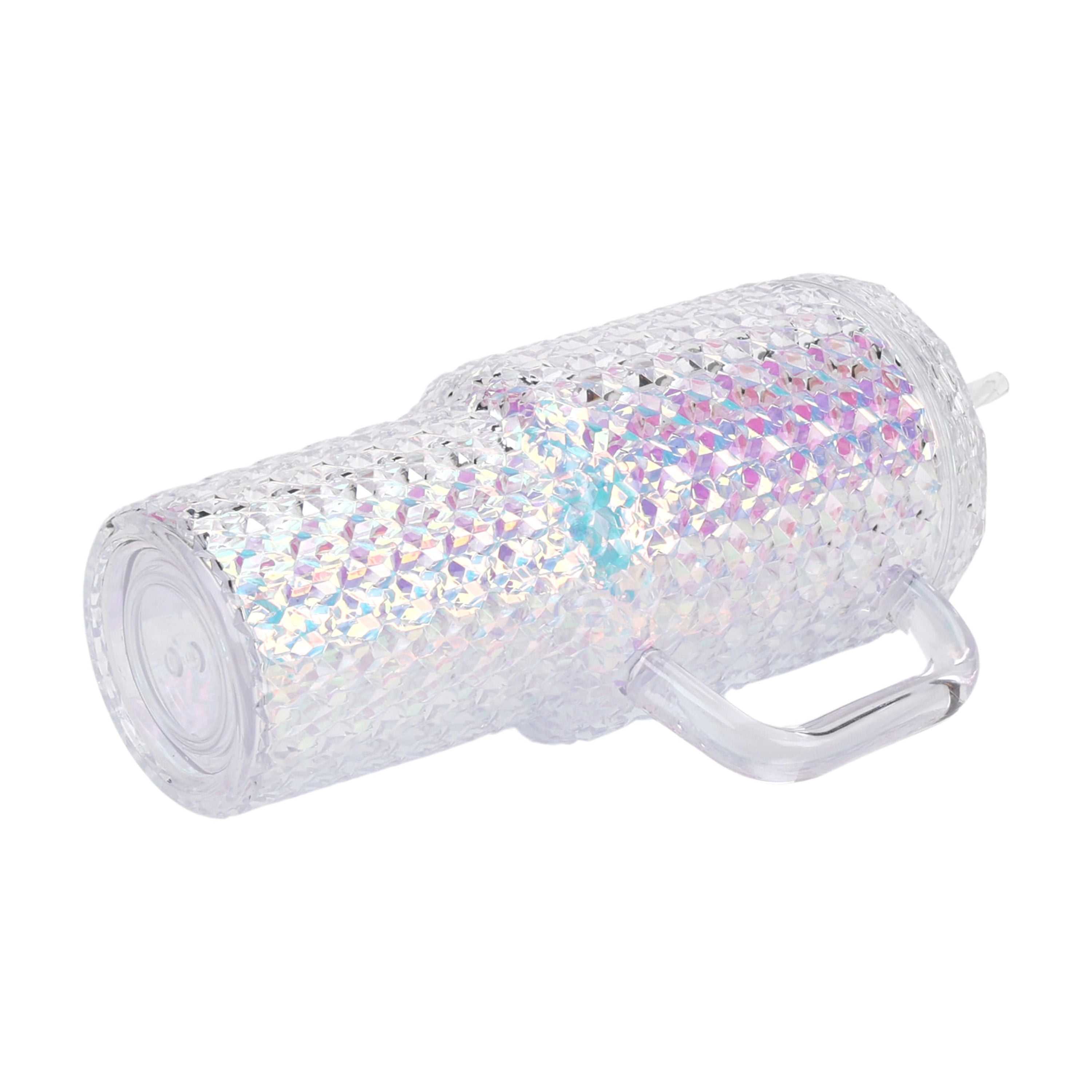 Holiday Time 30 oz Plastic Double Wall Insulated Prismatic Textured Tumbler with Straw and Handle, White Iridecent