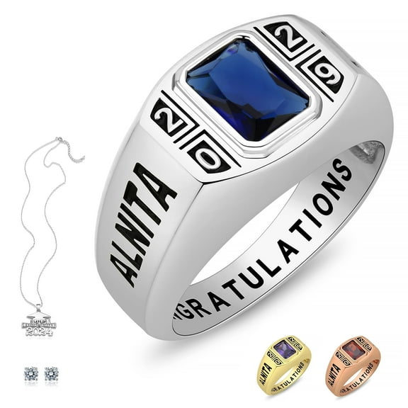 Ccjcinata Classic Customized Class Ring with Personalized Text & Designed Sterling Silver Ear Studs