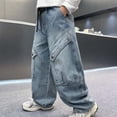 thumbnail image 2 of WMQPNNS Boy's Wide Leg Jeans with Multi-Pocket and Elastic Waist Boys Cargo Pants Size 8 Baggy Cargo Denim Pants Streetwear, Size 15-16 Years,5-Blue, 2 of 7