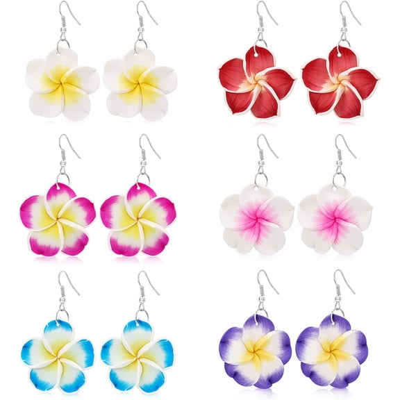6 Pairs Dangle Flower Earrings, Plumeria Earring Sets for Women Bohemian Tropical Style Floral Earrings Luau Hawaiian Vacation Beach Wedding Earrings