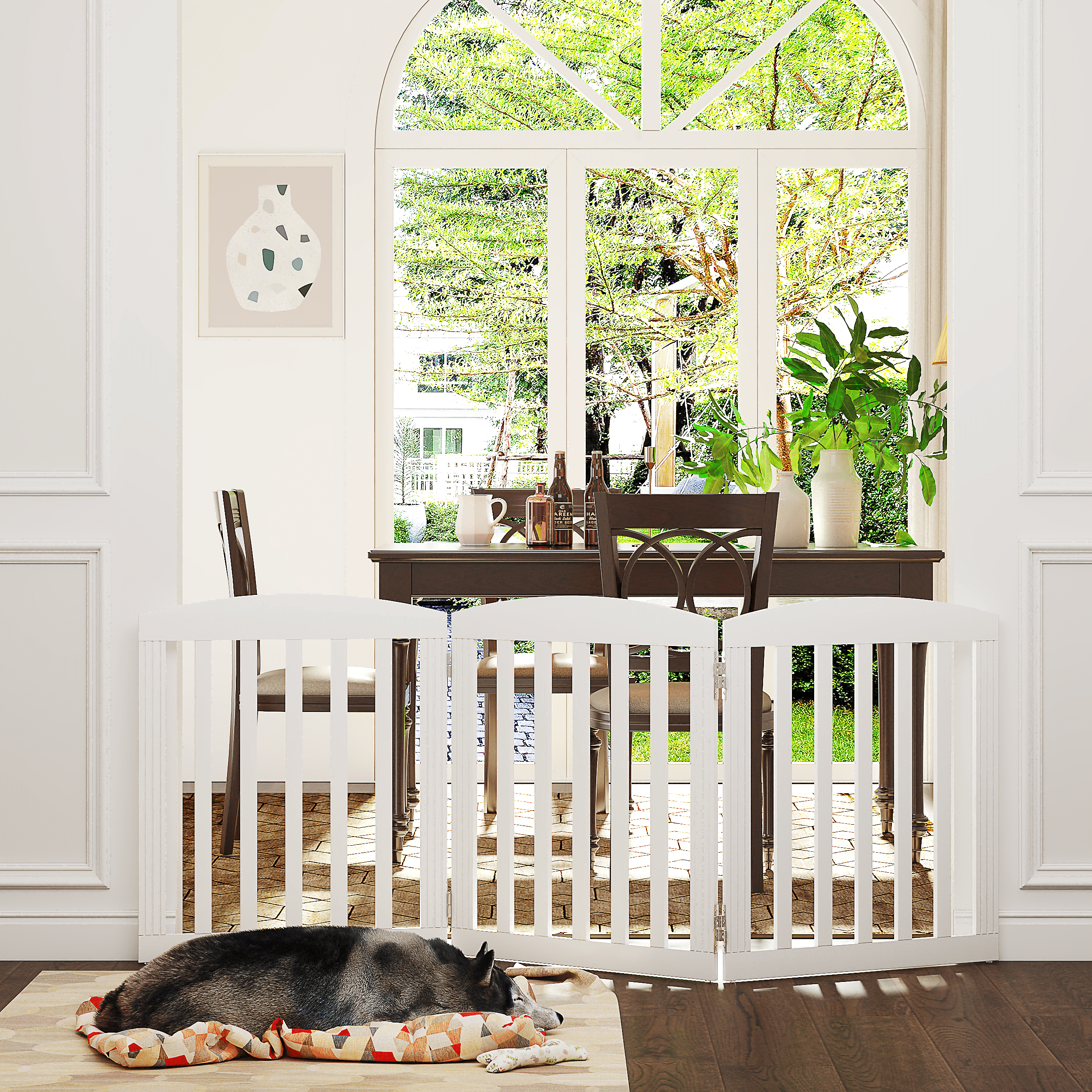 STAROUS Foldable Dog Gate, Dog Gates for Doorways, Stairs, The House, Wooden Freestanding Pet Gate Indoor, Step Over Puppy Gate, 3 Panels, White