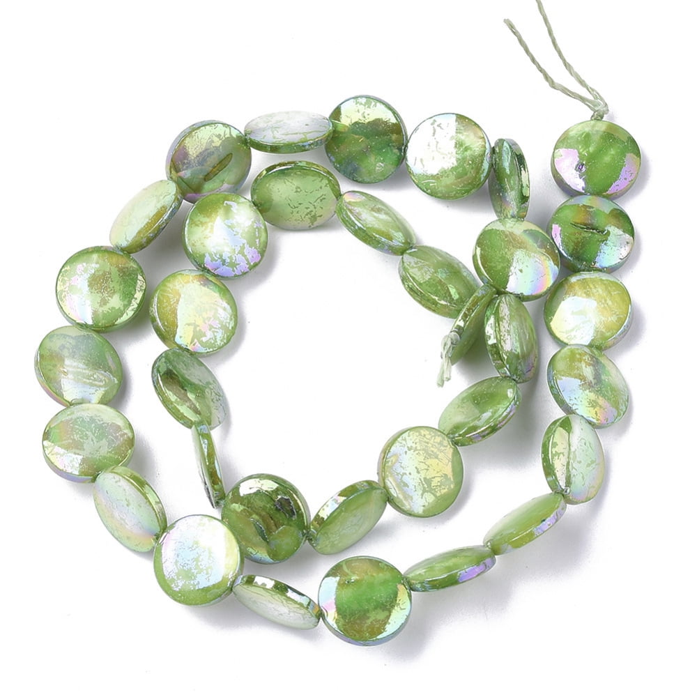 Freshwater Shell Beads Strands AB Color Plated Dyed Flat Round Lime Green 10~11.5x3~4mm Hole: 1mm Mixed Color
