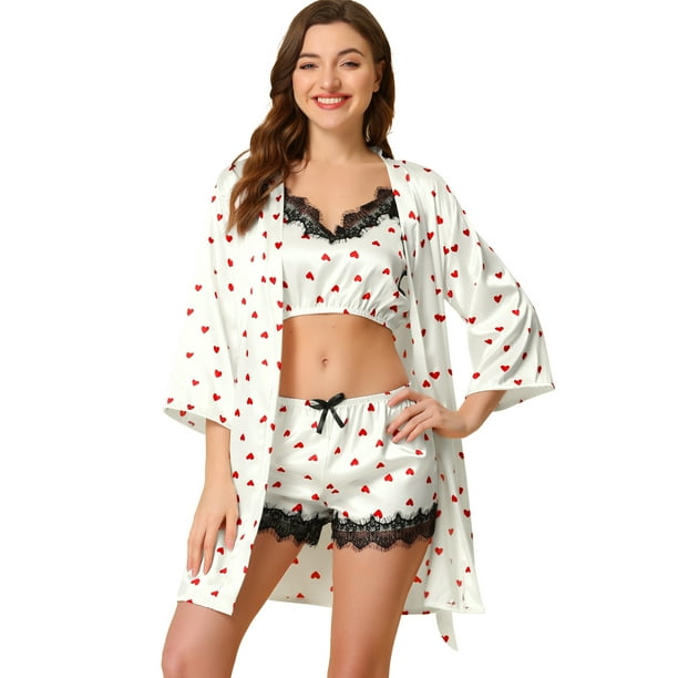 Conjuntos De Pijama De 3 Piezas Mini De Satén Con Encaje Sexy Para Mujer Blanco M