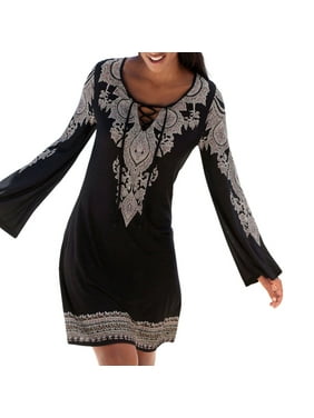 Mosunx Women Halter Neck Boho Print Long Sleeve Casual Mini Beachwear Dress Sundress