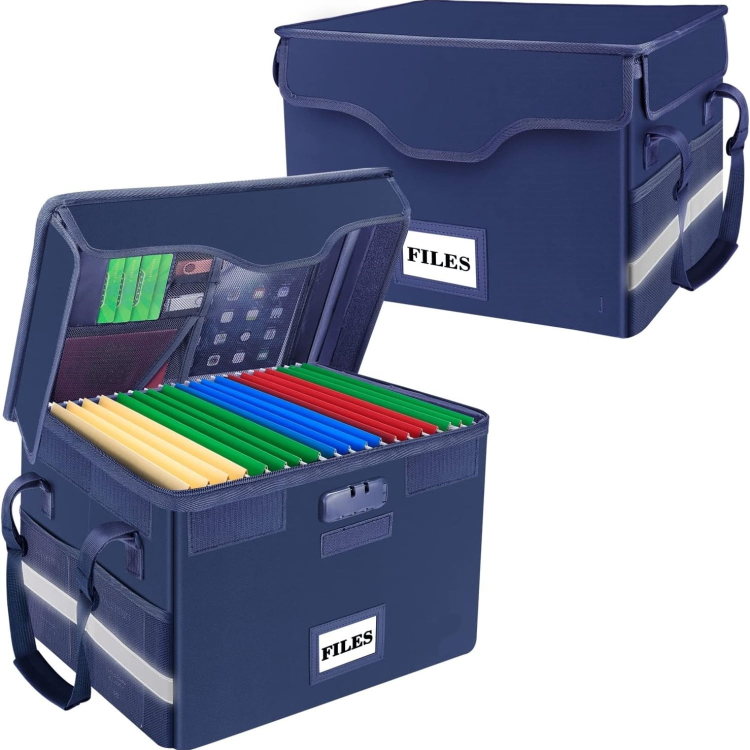 Fireproof Document Box with Lock,File Storage Organizer with Pockets,Collapsible Portable File Box Home Office Safe Filing Cabinet with Handle for Hanging Letter/Legal Folders,Blue,2 Pack