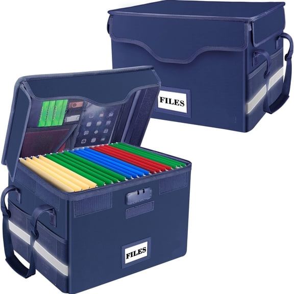 Fireproof Document Box with Lock,File Storage Organizer with Pockets,Collapsible Portable File Box Home Office Safe Filing Cabinet with Handle for Hanging Letter/Legal Folders,Blue,2 Pack