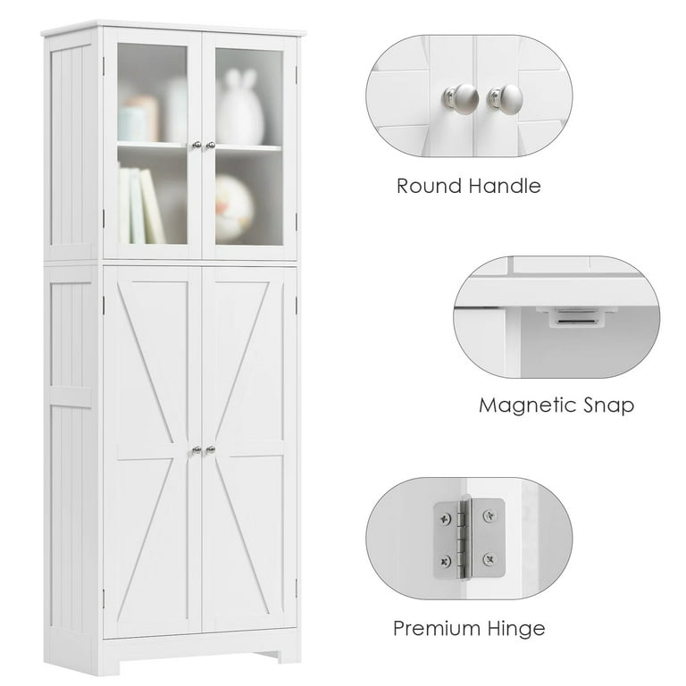 HOSTACK 67” Tall Kitchen Pantry Cabinet, Bathroom Storage Cabinet with  Glass Doors and Shelves, Freestanding Floor Cabinet Cupboard for Bathroom