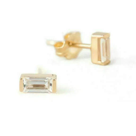 0.20Ct Baguette Cut Cubic Zirconia Minimalist Stud Earrings, 14K Yellow Gold Plated Silver, Elegant Everyday Jewelry