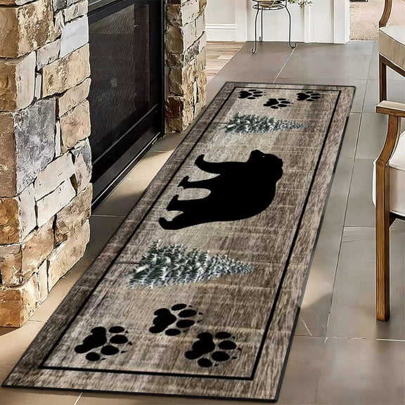 Rustic Cabin Black Bear Runner Rug 2x7ft, Washable Anti-Slip Woodland Pine Tree & Paw Print Lodge Mat for Hallway, Kitchen and Entryway, 2x7ft
