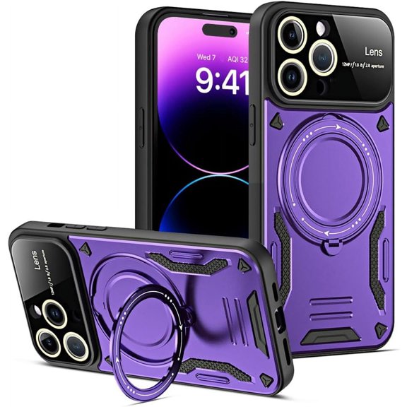 for iPhone 15 Pro Max Case 6.7" with 360° Rotatable Invisible Ring Stand, Large Window Design Compatible with Magsafe, -Grade Protection Shockproof Phone Cover for Women Men, Purple