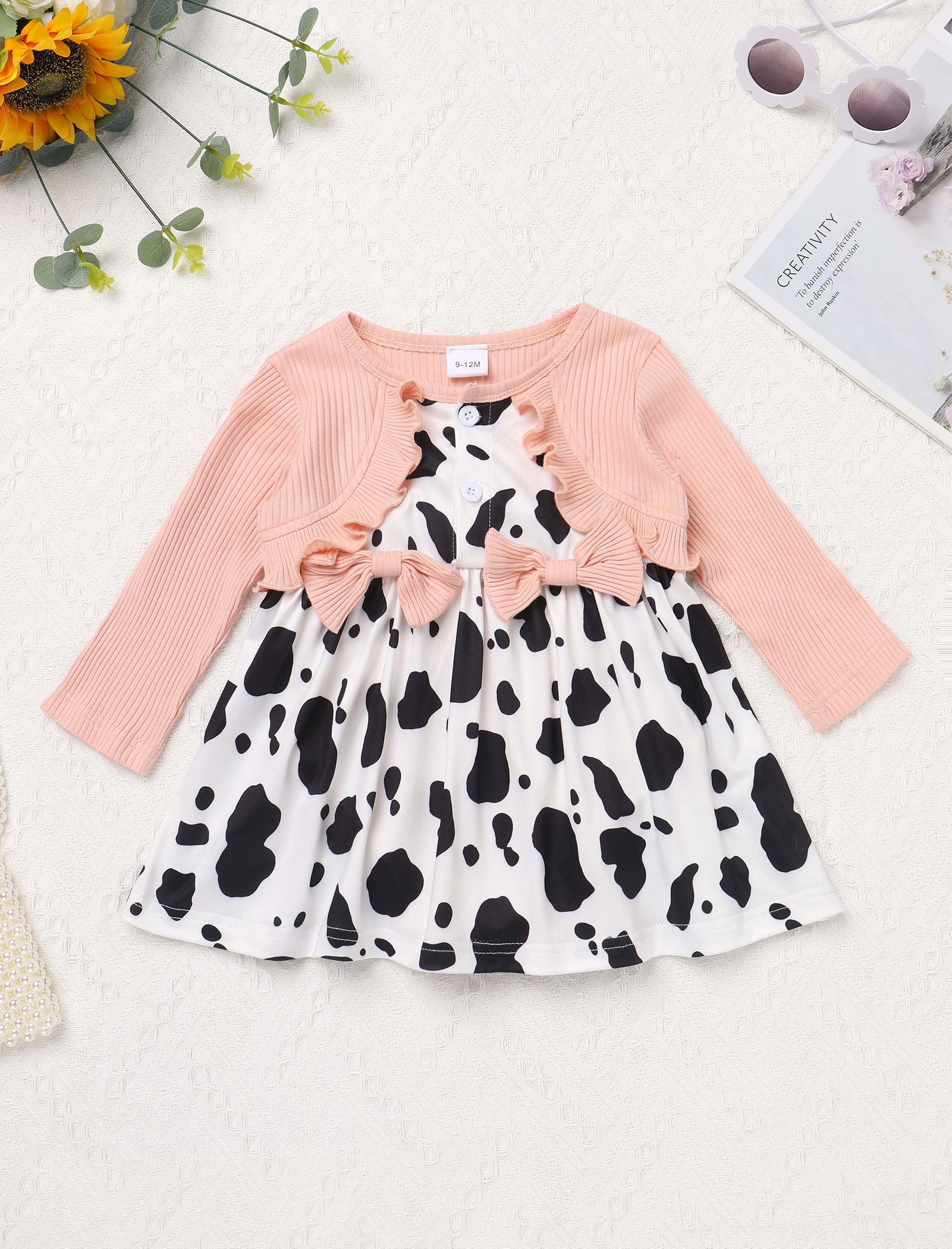 IWEMEK Baby Girls Dresses Cow Print Crew Neck Long Sleeve Romper Comfort Casual Fall Outfits Size 12-18M