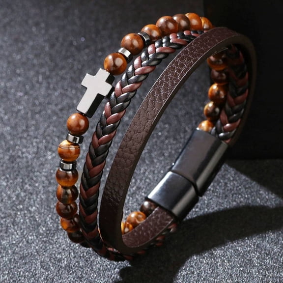 Men's Black Multi-Layer Braided Leather & Matte Beaded Bracelet, Stainless Steel Cross Charm with Magnetic Clasp, Religious Faith Jewelry for Men & Teens