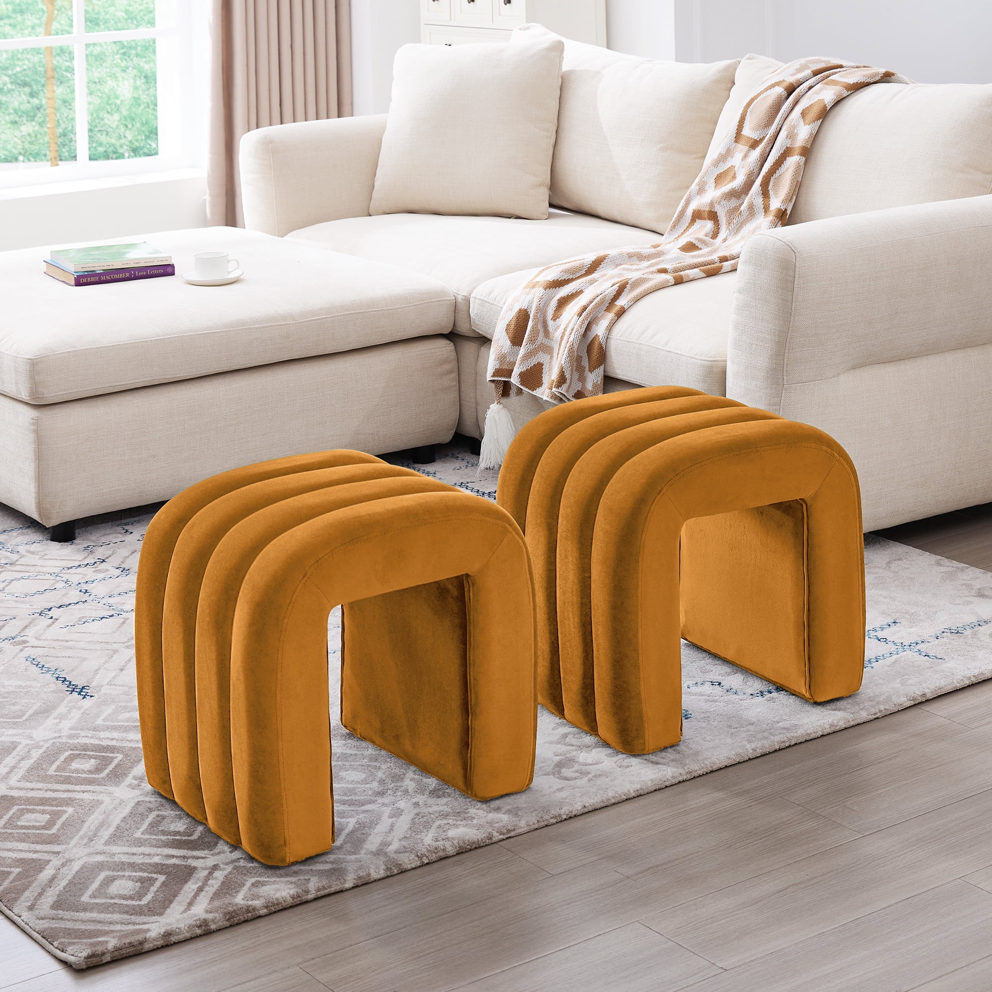 Zesthouse Multi-Functional Ottoman Stool, Tufted Velvet Foot Stools Ottoman for Couch, Modern Vanity Stool for Living Room, Bedroom and Entryway, Orange