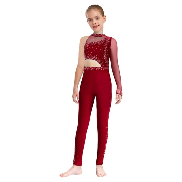 dPois Combinaison de Danse Asymétrique pour Filles, Justaucorps de Patinage Artistique, Rouge 10