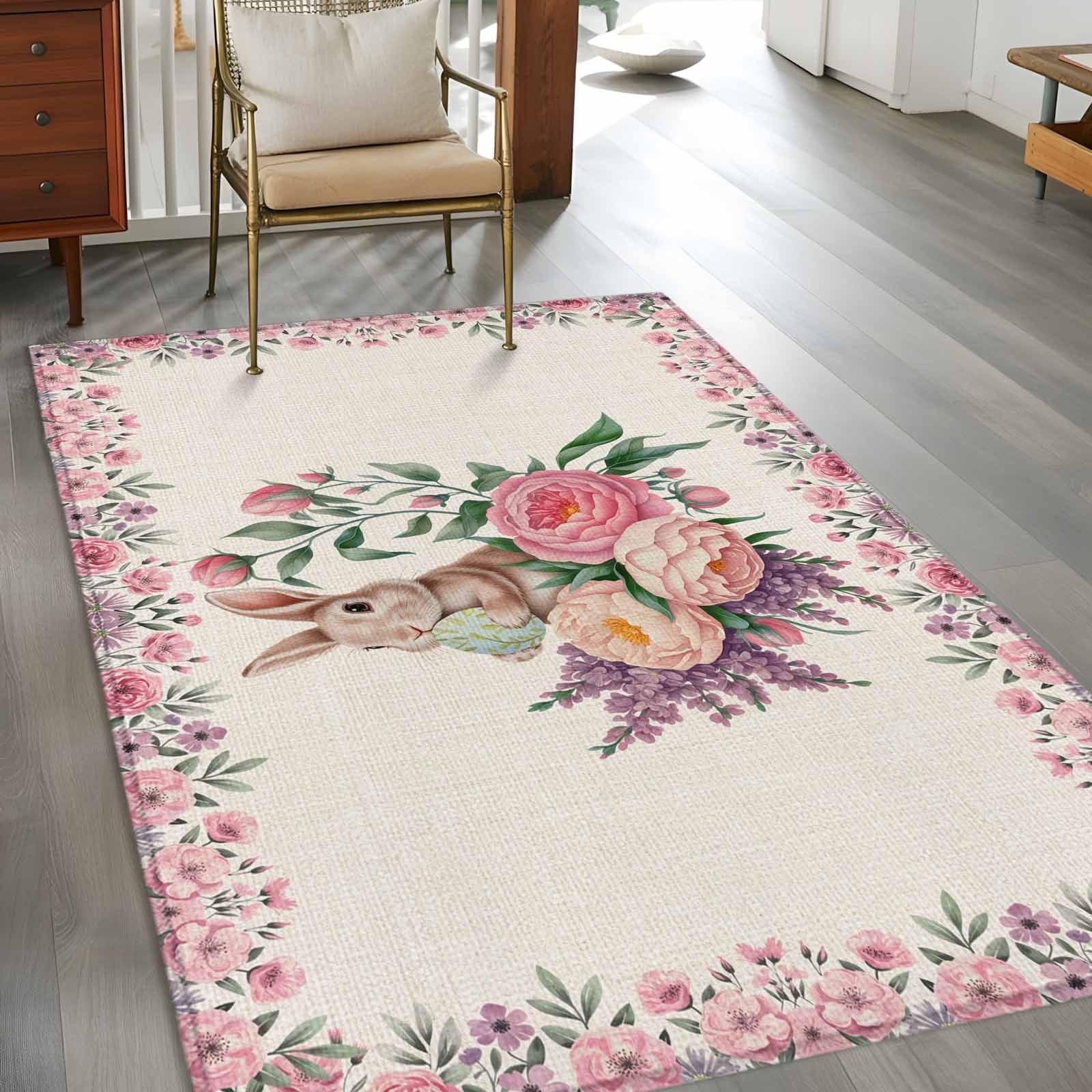 Easter Bunny Roses Area Rugs 2.7'x5', Washable Small Throw Rugs for Kitchen Bedroom, Pink Floral Spring Linen Indoor Outdoor Rug Non-Slip Low Pile Carpet Runner Reversible Floor Mats