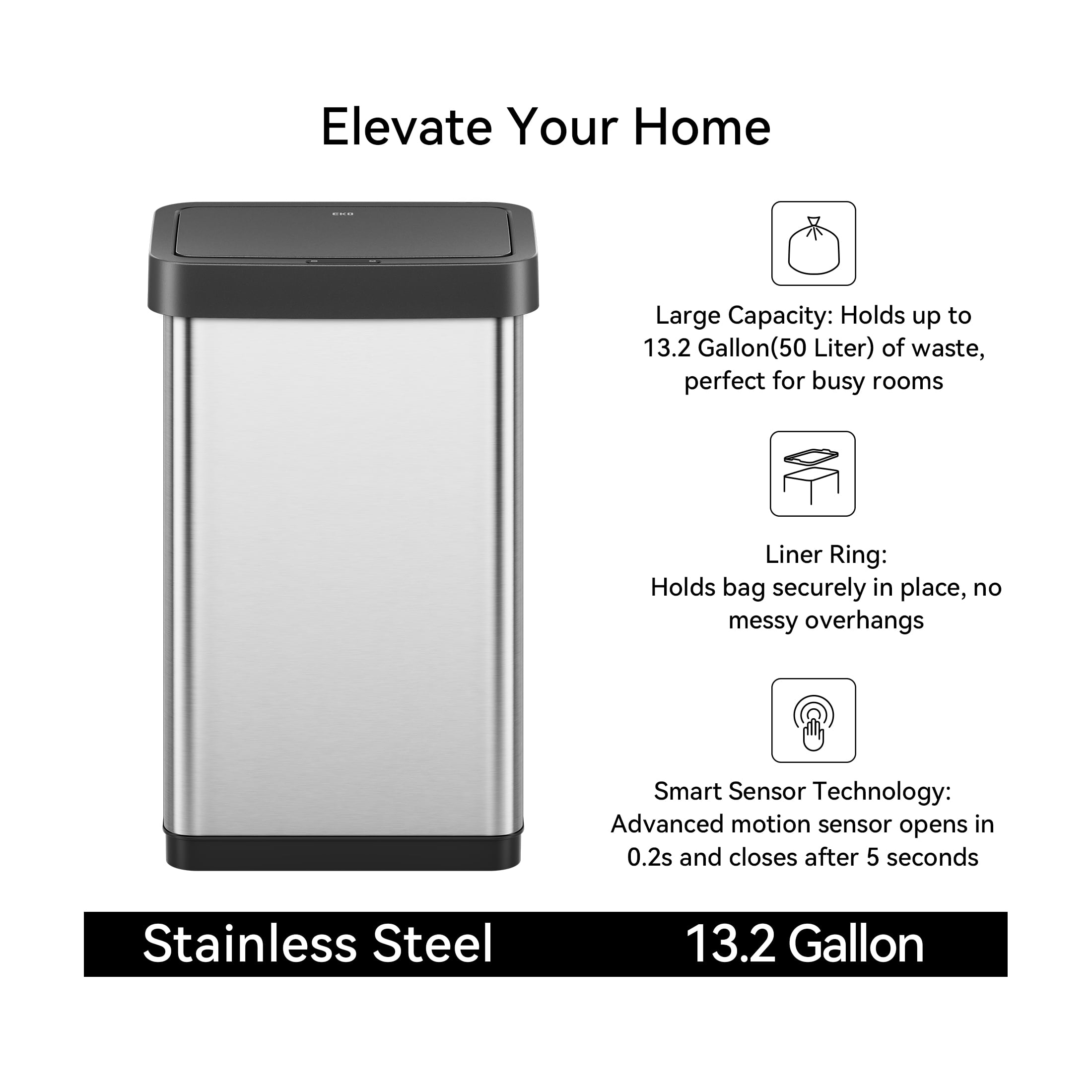 EKO Horizon Lite Kitchen Trash Can, 13.2 Gallon Brushed Stainless Steel Motion Sensor Garbage Bin, Silver with Sample Trash Bags Included