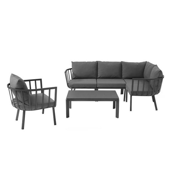 Lounge Sectional Sofa Chair Set, Aluminum, Metal, Steel, Grey Gray, Modern Contemporary Urban Design, Outdoor Patio Balcony Cafe Bistro Garden Furniture Hotel Hospitality