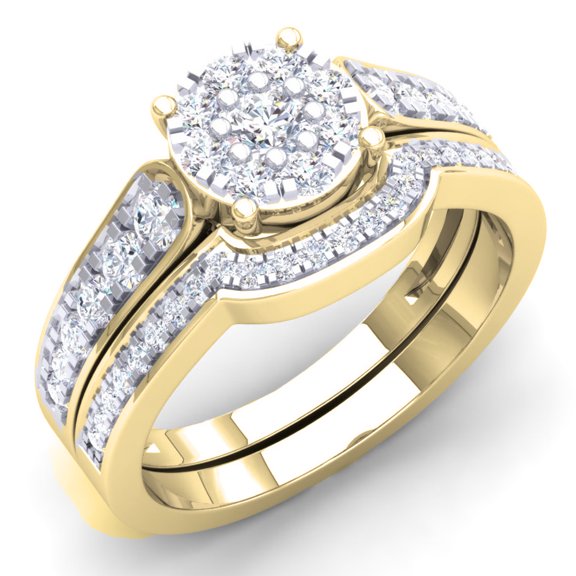 Dazzlingrock Collection 0.85 Carat (Ctw) 14K White Diamond Cluster Engagement Ring With Matching Band Set, Yellow Gold, Size 10