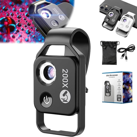Xihbxyly Microscopio Nanozoom, Lente de Aumento de 200X, Luz Led con Clip, Compatibilidad Universal con Teléfonos Inteligentes, Captura de Detalles En Hd, Minimicroscopio Portátil, Tasación de Joyas,