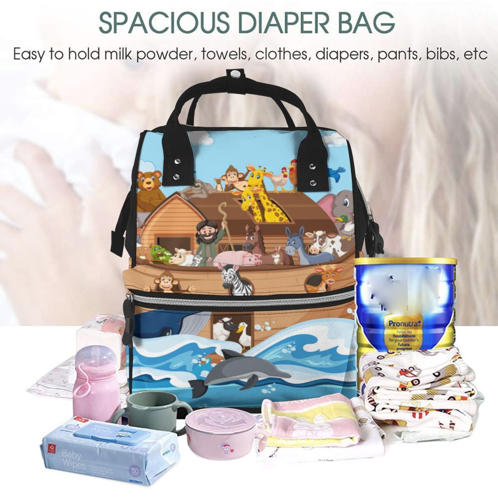 Ratiio Animals on Noah's Ark Floating Mummy Backpack - Waterproof Twill Canvas, Large Capacity Diaper Bag with Multiple Pockets and Adjustable Straps
