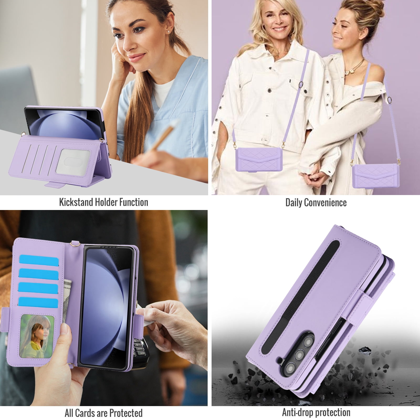 for Samsung Galaxy Z Fold 4 Case Wallet with S Pen Holder for Women, 12 Card Holder & 2 Cash Pocket & Shoulder Strap & Wristlet Flip Stand PU Leather Phone Case with RFID Blocking, Lightpurple