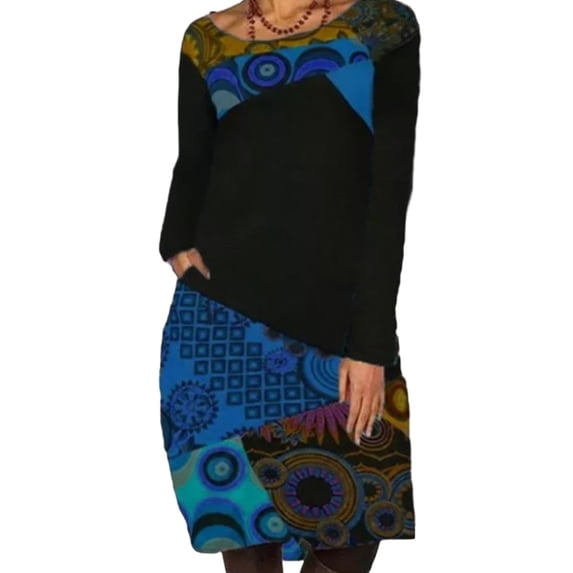 DYMADE Women Plus Size Irregular Patchwork Print Round Neck Long Sleeve Dress