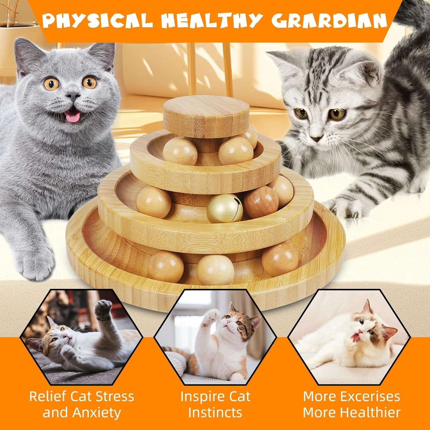 1pc Natural Bamboo Cat Ball Track Toy - 3 Layer Tower, 9 Detachable Balls, DIY Interactive Toy for Kitten's Exercise, Entertainment, and Festival Gifts