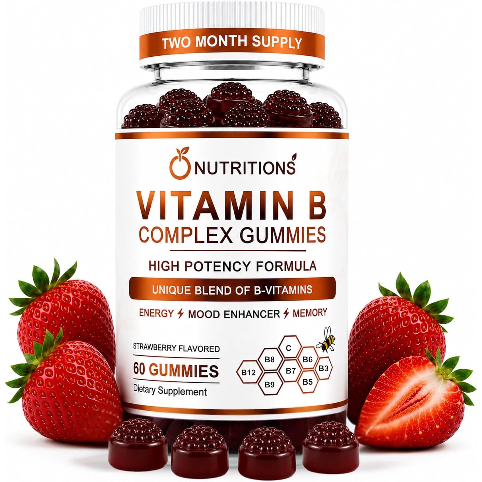 Vitamin B Complex Gummies for Women & Men – Vegan B12, Biotin, Niacin & Folate – Energy, Metabolism, Nerve Support – Strawberry Flavor – 60 Gummies – O Nutritions