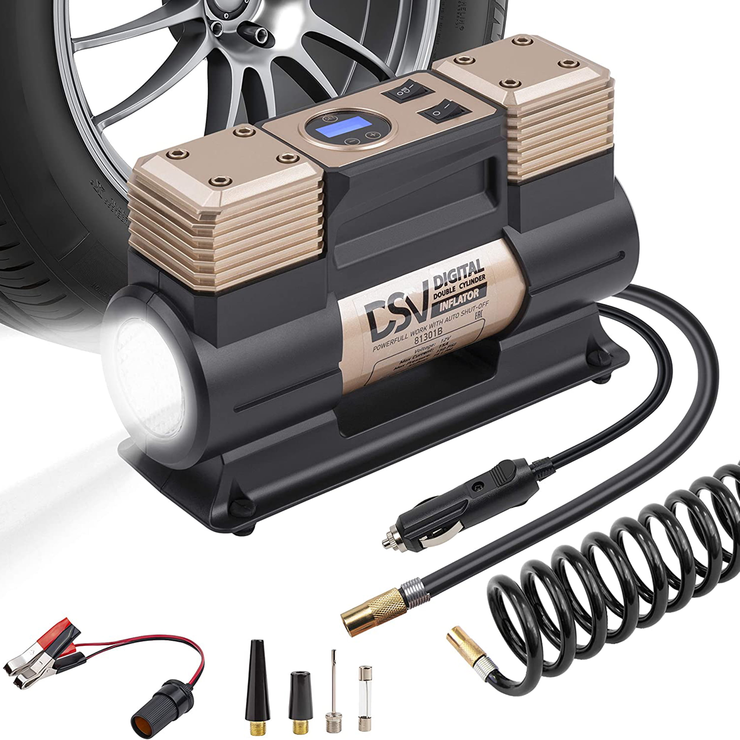 Air Bed YANTU Portable Air Compressor Pump 12V DC Dual Cylinder Inflatable Pump Digital Tire Inflator with LED Flashlight for Cars Gold Balls