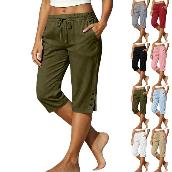 Zeliretfy Women Capri Pants Summer Casual Cropped Pants Drawstring Elastic High Waisted Trousers with Pockets
