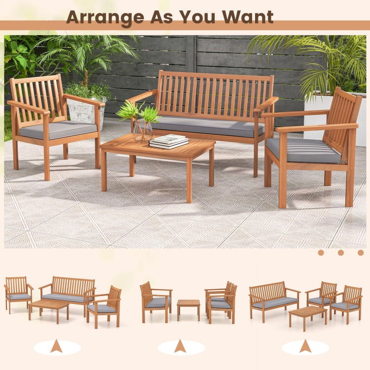 Resenkos 4 Piece Patio Wood Furniture Set Acacia Wood Sofa Set, Small Patio Conversation Furniture Set with Loveseat-Off Gray