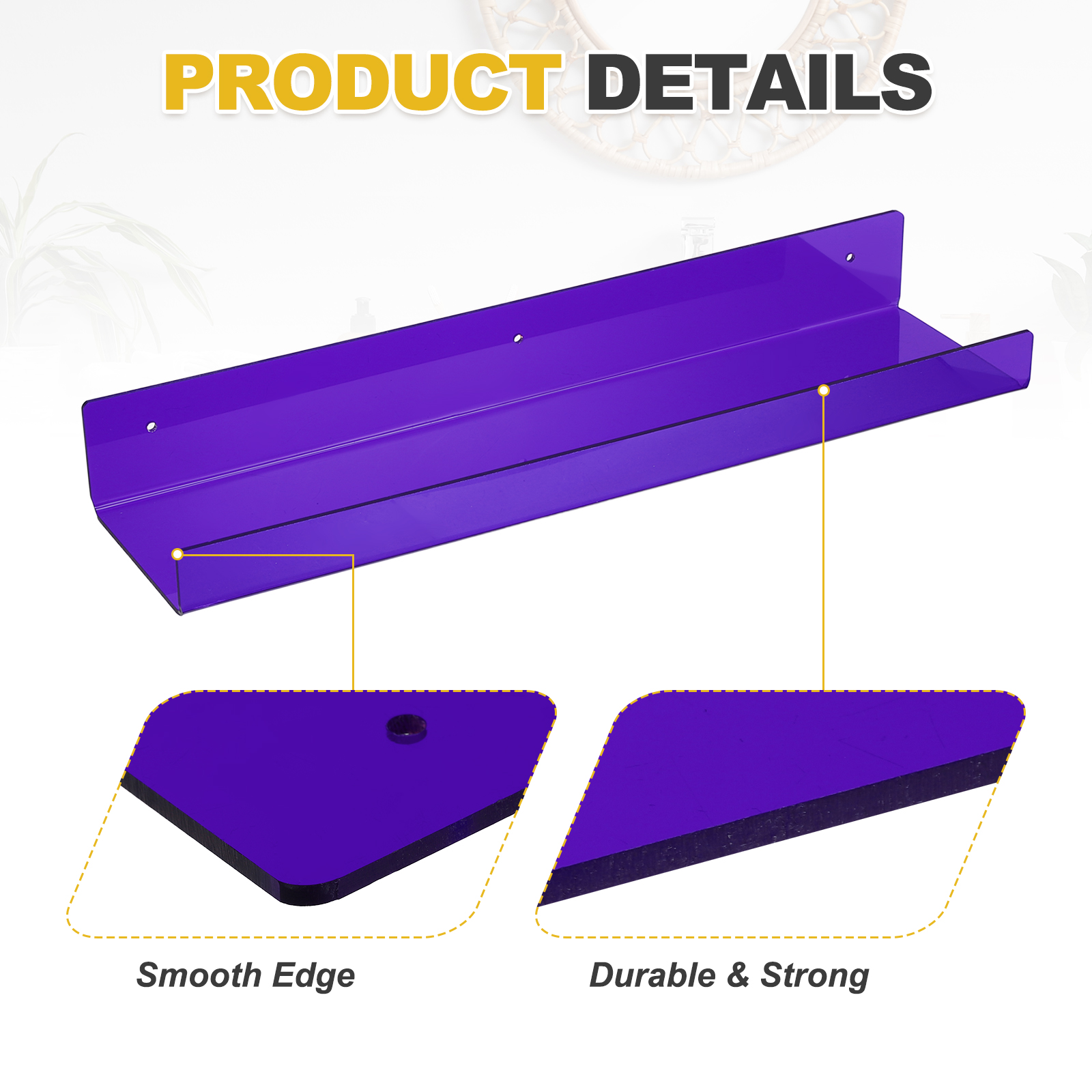 4 Pack Acrylic Shelves for Wall, 15 Inch Purple Floating Shelves Wall Mount