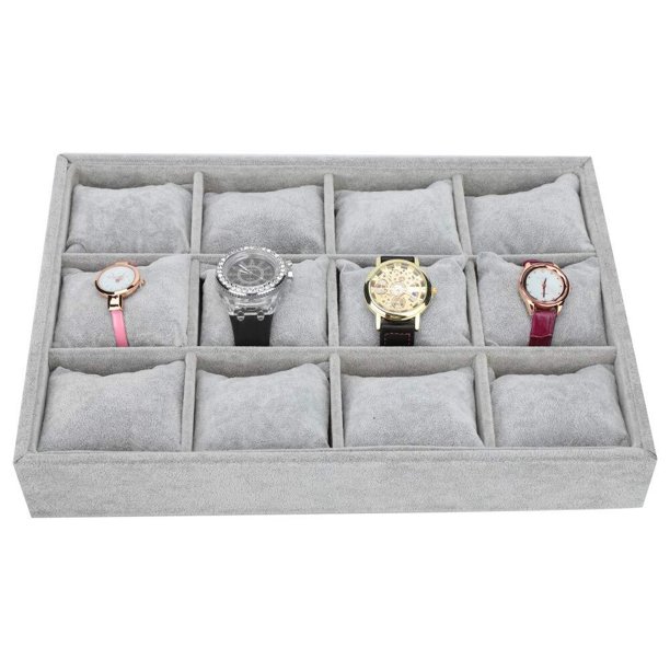 Caja De Almacenamiento De Reloj De 12 Rejillas, Bandeja De Organizador De Exhibición De Joyería Gris Con Almohada Para Pulseras De Relojes, Estuche De Joyería