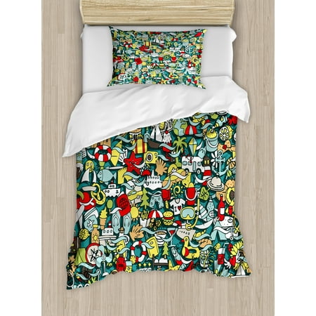Concept Compass Set (Doodle Twin Size Duvet Cover Set, Simple Mini Drawings of Holiday Related Concepts Caravan Compass Lifebuoy Breakfast, Decorative 2 Piece Bedding Set with 1 Pillow Sham, Multicolor, by)