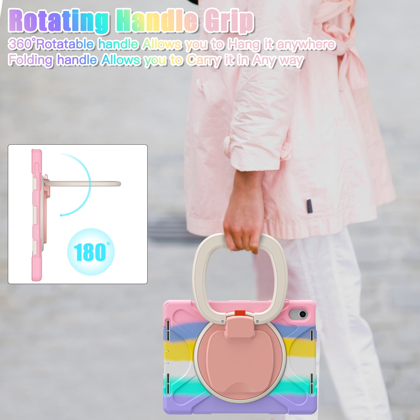 iPad 10th Generation 10.9 Inch Case 2022,TECH CIRCLE Heavy Duty Shockproof Rugged Protective Rotating Stand Case w/ Pencil Holder Handle Grip Kids Case for Apple iPad iPad 10th Gen 2022,Colorful Pink