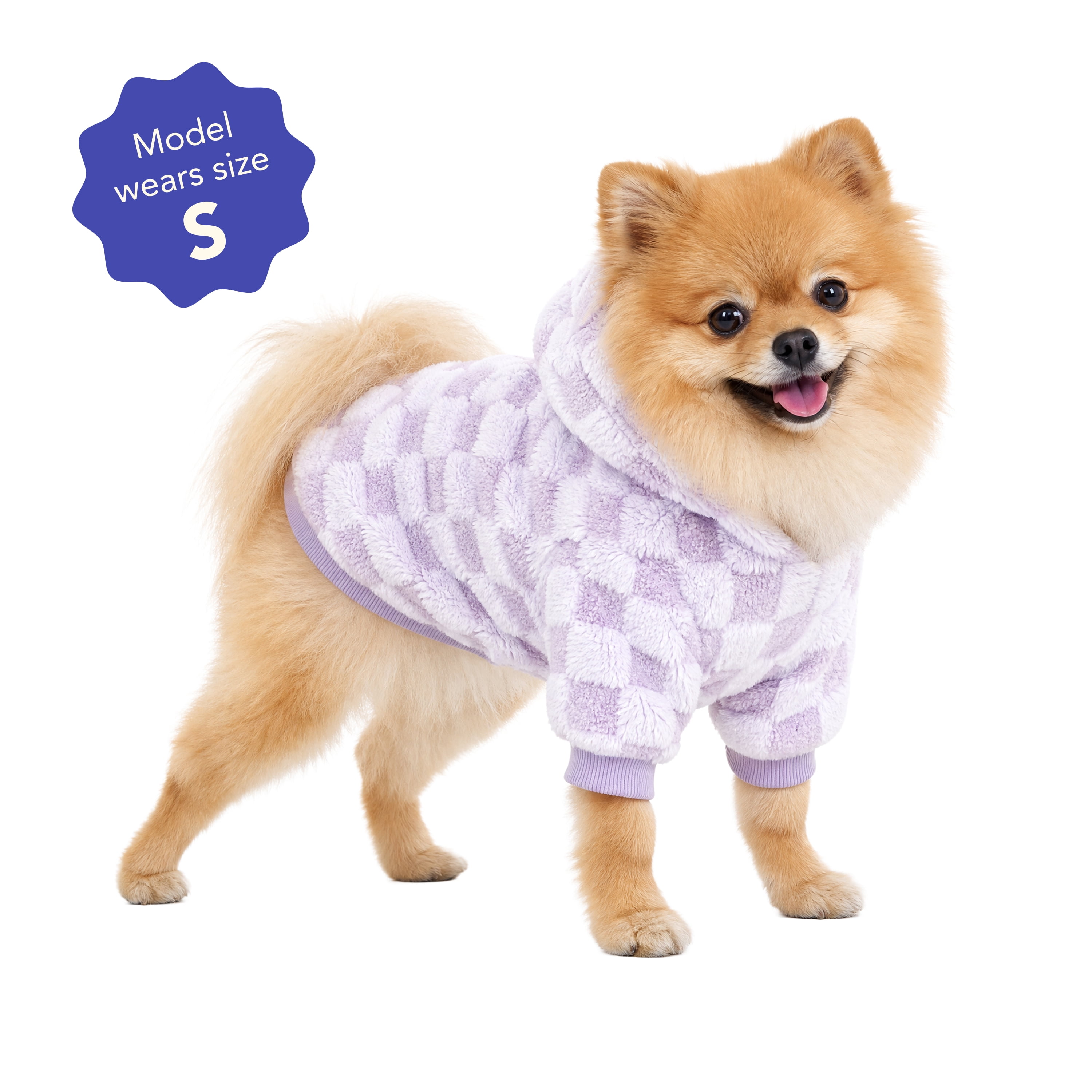 Oodles Checkerboard Fall Sherpa Dog Hoodie, Purple, Small