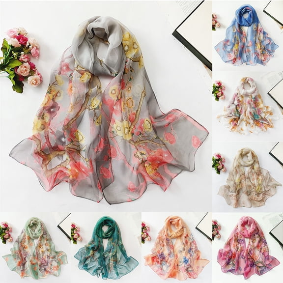 Chiffon Scarf, KLOY2K Women's Lightweight Scarves Floral Print Pattern Shawl Wrap Spring Summer Accessories , Blue One Size