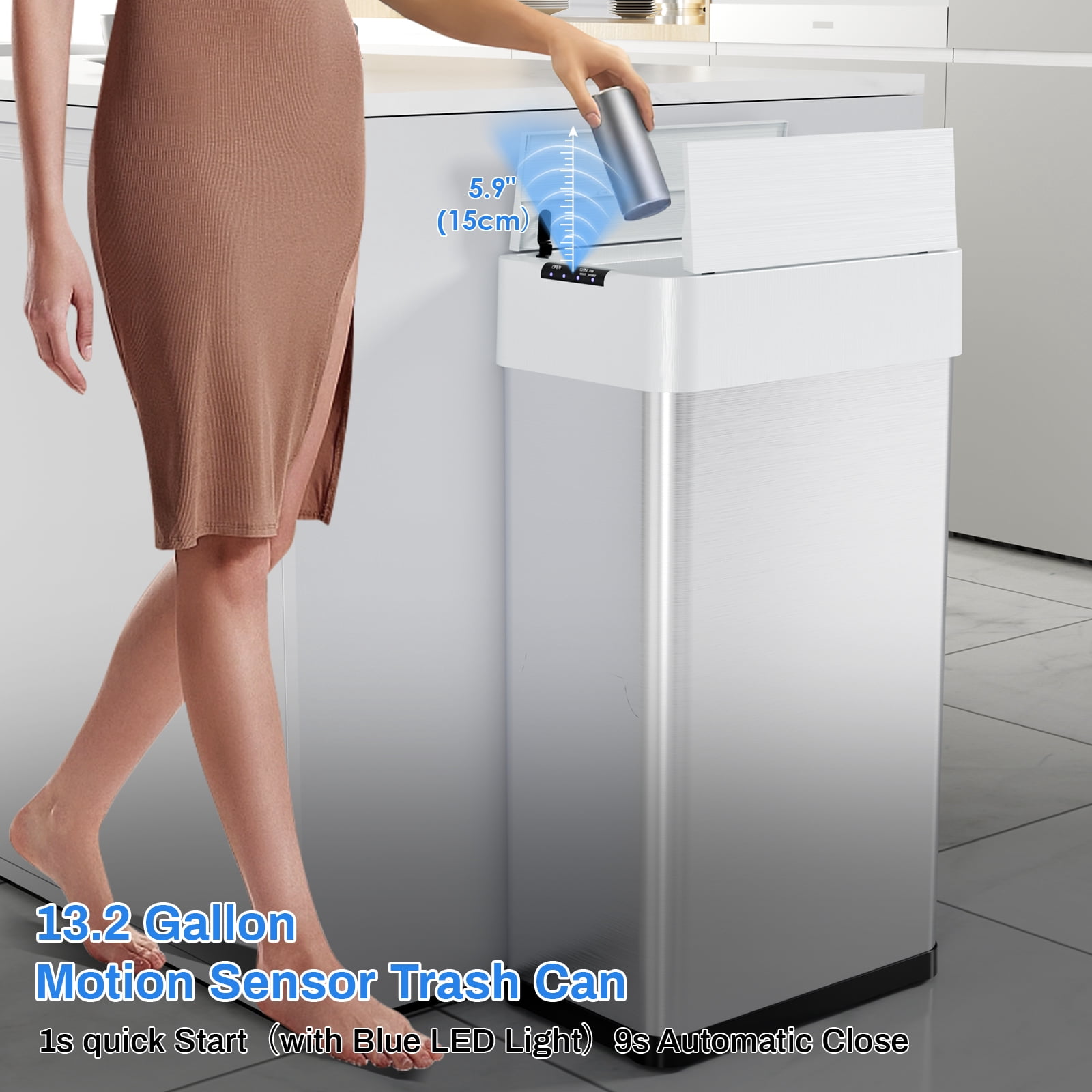 Arlopu 13.2 Gallon Automatic Trash Can for Kitchen, Stainless Steel Wings Open Lid Sensor Garbage Can with Soft-Close Lid