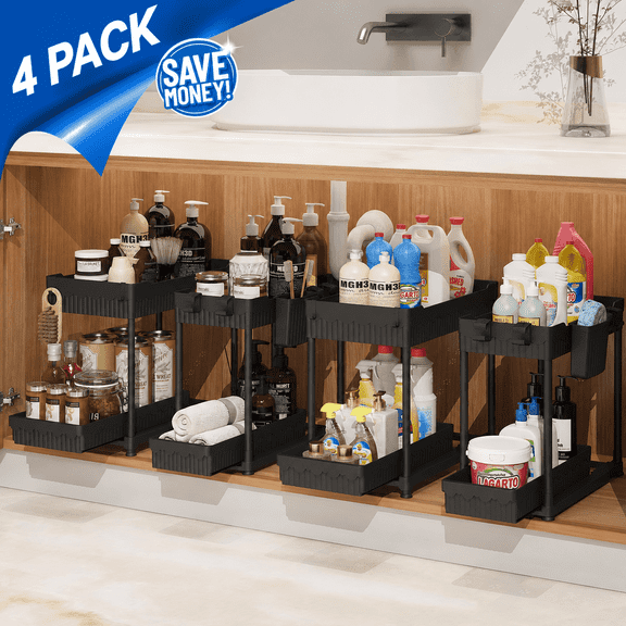 Tmtamye Under Sink Organizer, Adjustable 2-Tier, 4-Pack, Pull-Out Drawer, Black