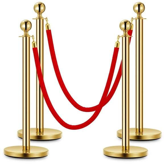 4PCS Stanchion Posts Queue with Red Velvet Rope, 5 FT Red Carpet Ropes and Poles, Crowd Control Barriers Queue Line Rope, Barriers