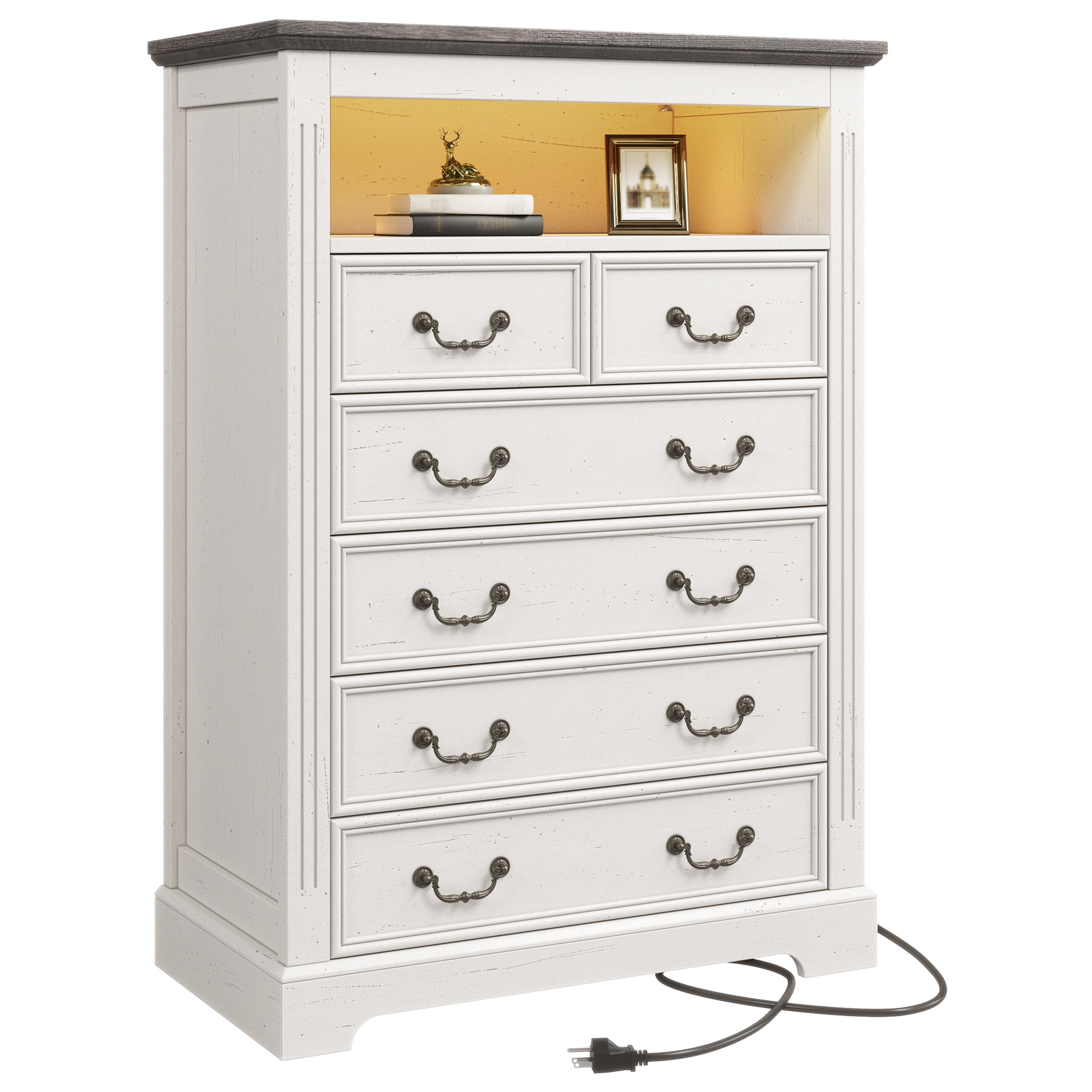 EnHomee Dresser for Bedroom Wood Dresser with LED Lights & Charge Station White Dresser with 6 Drawers