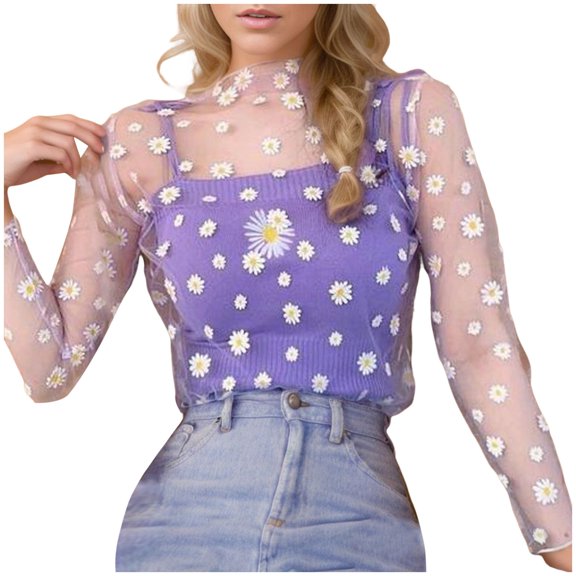 PMVFHDE Women Long Sleeve Tops Sheer Mesh Blouse Layering Tunic Casual Loose Fit Shirt