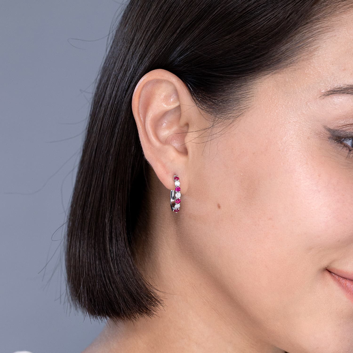 Angara Natural 1.2 ct Ruby and Diamond Huggie Hoop Earrings for Women in 14K White Gold – July Birthstone Jewelry | Prong-Set Ruby Hoop Earrings