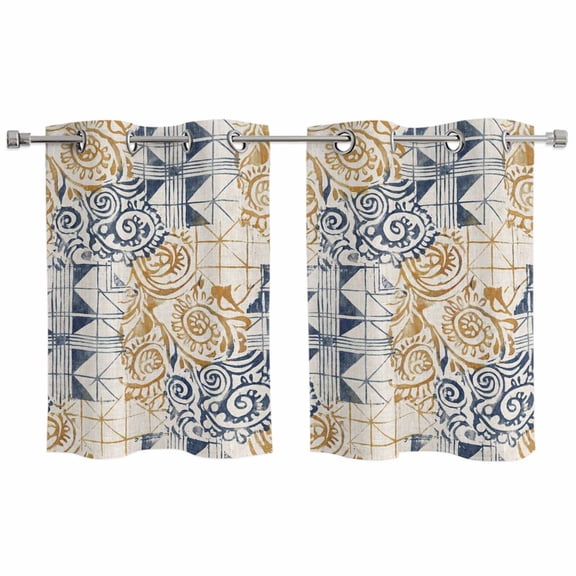 2 Panels Kitchen Tier Curtains 39 Inch Length, Blue Yellow Swirl Grommets Window Treatment Curtain, Vintage Abstract Geometric Patchwork Thermal Curtains Drapes for Living Room/Bathroom