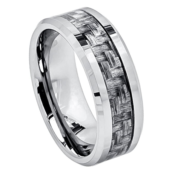 8mm Tungsten Carbide Beveled Edge Charcoal Gray Carbon Fiber Inlay High Wedding Band Ring For Men Or Ladies