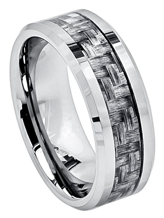 8mm Tungsten Carbide Beveled Edge Charcoal Gray Carbon Fiber Inlay High Wedding Band Ring For Men Or Ladies