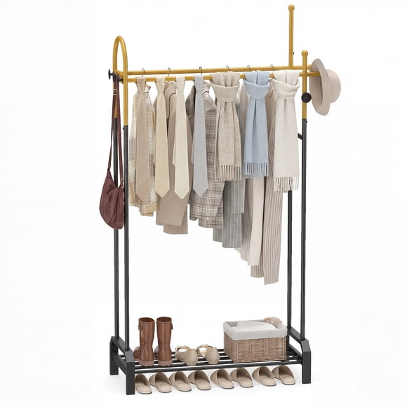 Gymax Double Rods Garment Rack for Hanging Clothes Freestanding Clothing Rack