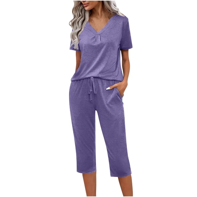 wmjolc Women's Pajama Set V-Neck Short Sleeve Top and Drawstring Capri Pants 2 Piece Casual Pyjama Set Casual Home Sleepwear Basic Solid Color Pjs Set