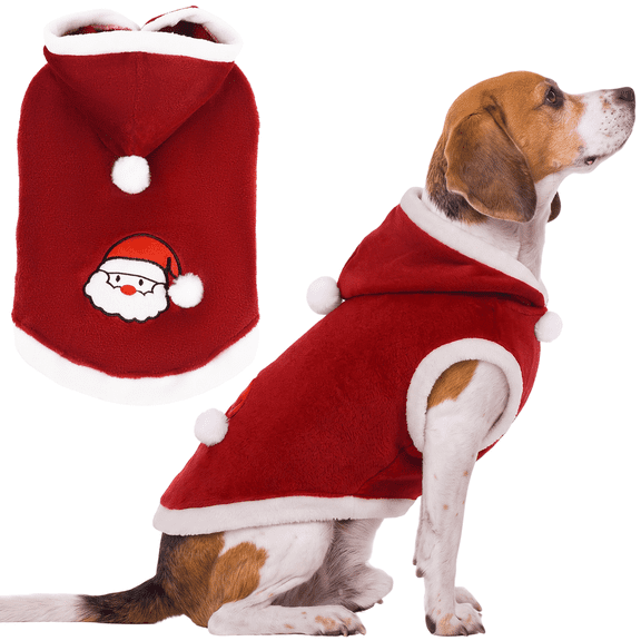 Kuoser Christmas Dog Costume, Plush Flannel Santa Pet Clothes with Fluffy Balls, Cute Cosplay Outfit for Small Medium Large Dogs, Red, M